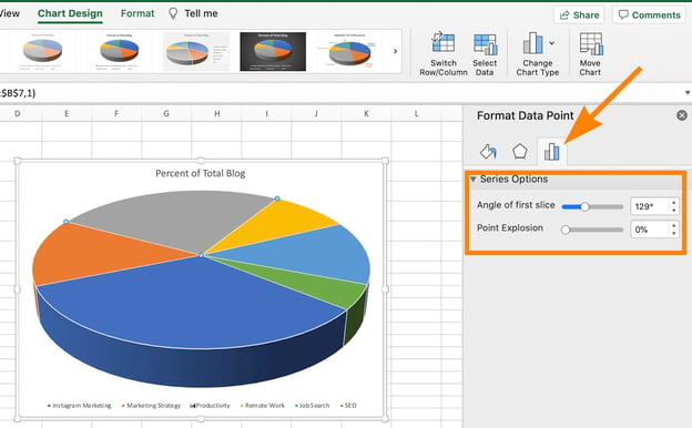 How to rotate a pie chart in excel using format data point.